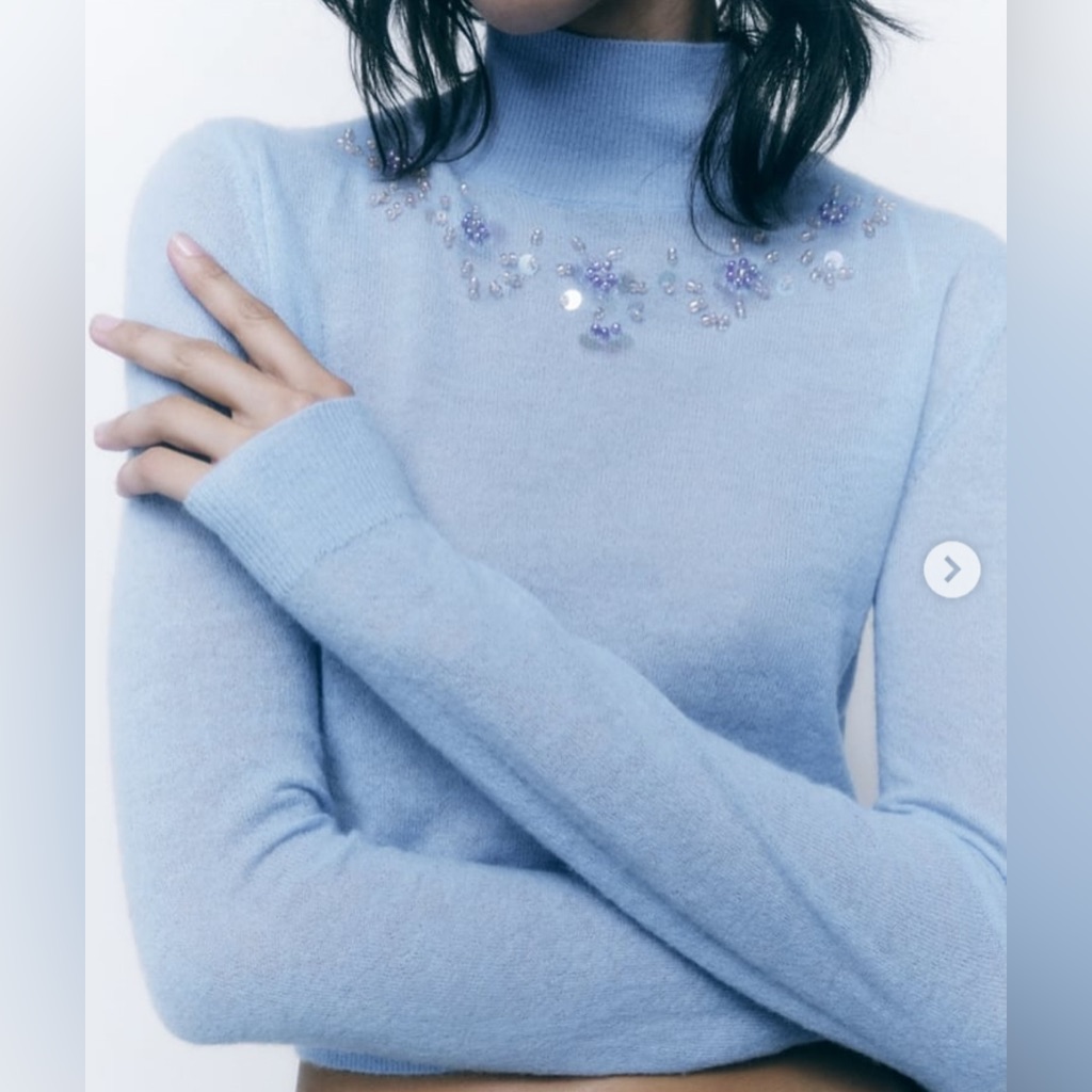 Zara Soft Blue Embellished Turtleneck Wool Alpaca Sweater